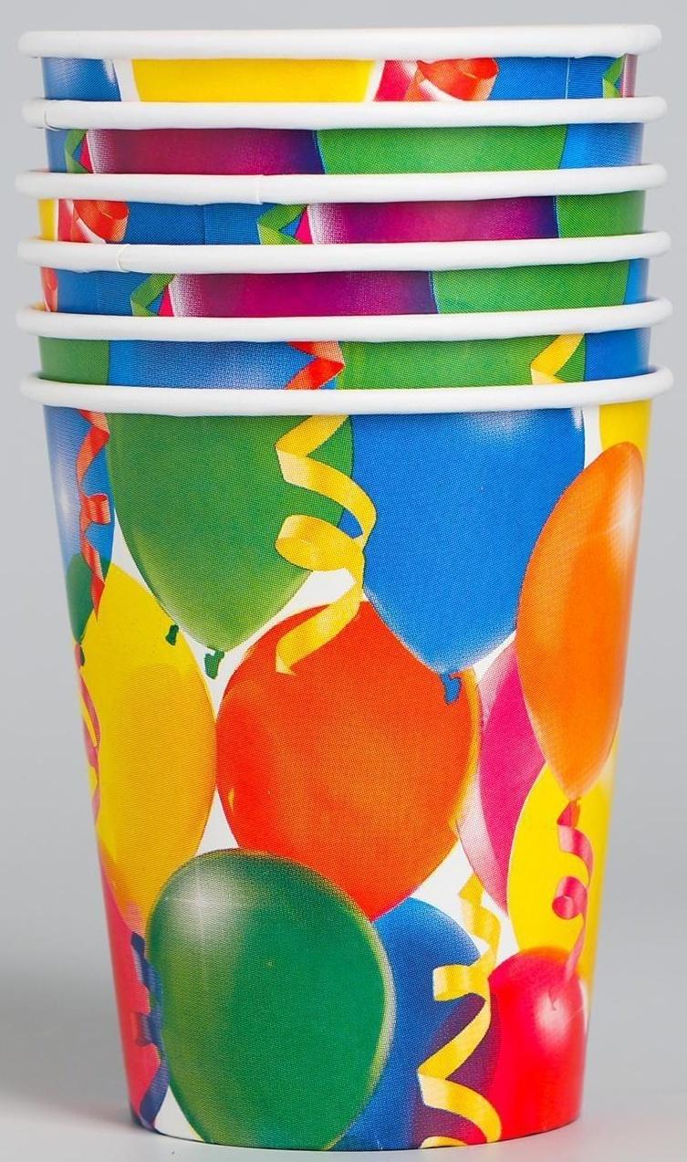 Бумажные стаканы «Праздник», воздушные шары и серпантин, 250 мл, набор 6 шт.