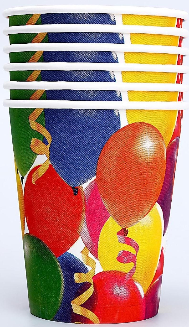 Бумажные стаканы «Праздник», воздушные шары и серпантин, 250 мл, набор 6 шт.