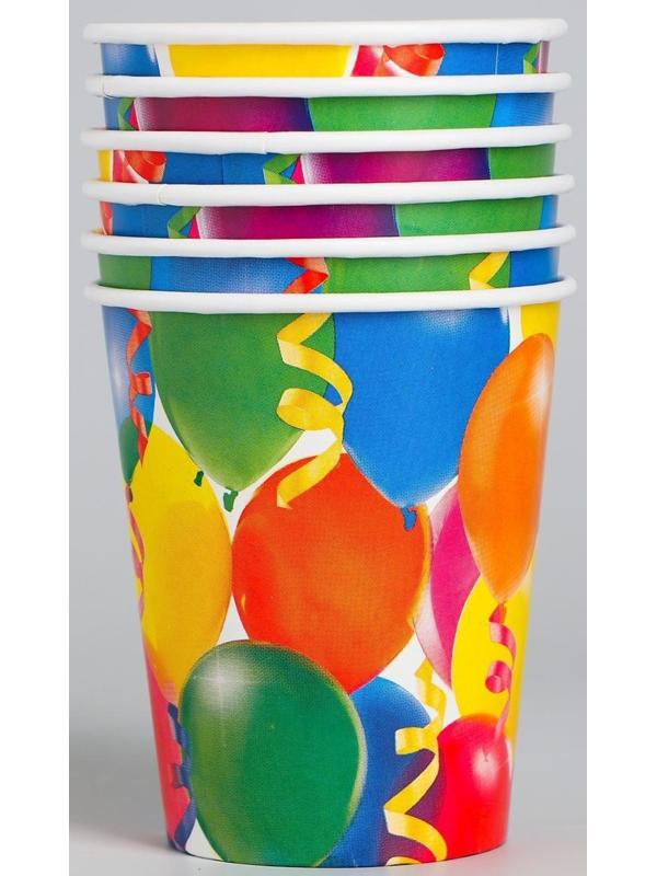 Бумажные стаканы «Праздник», воздушные шары и серпантин, 250 мл, набор 6 шт.
