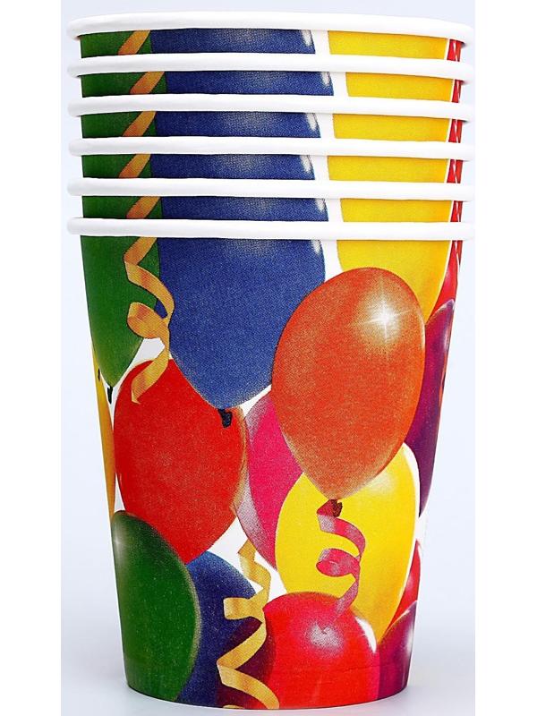 Бумажные стаканы «Праздник», воздушные шары и серпантин, 250 мл, набор 6 шт.