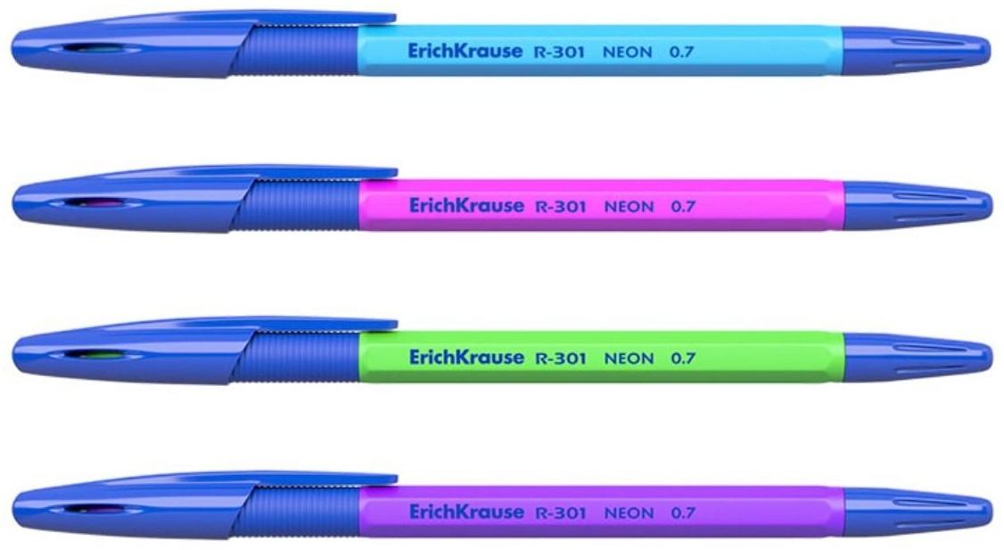 Набор ручек шариковых 4 штуки ErichKrause R-301 Neon Stick & Grip, узел 0.7 мм, чернила синие, резиновый упор, длина линии письма 1000 метров, европодвес
