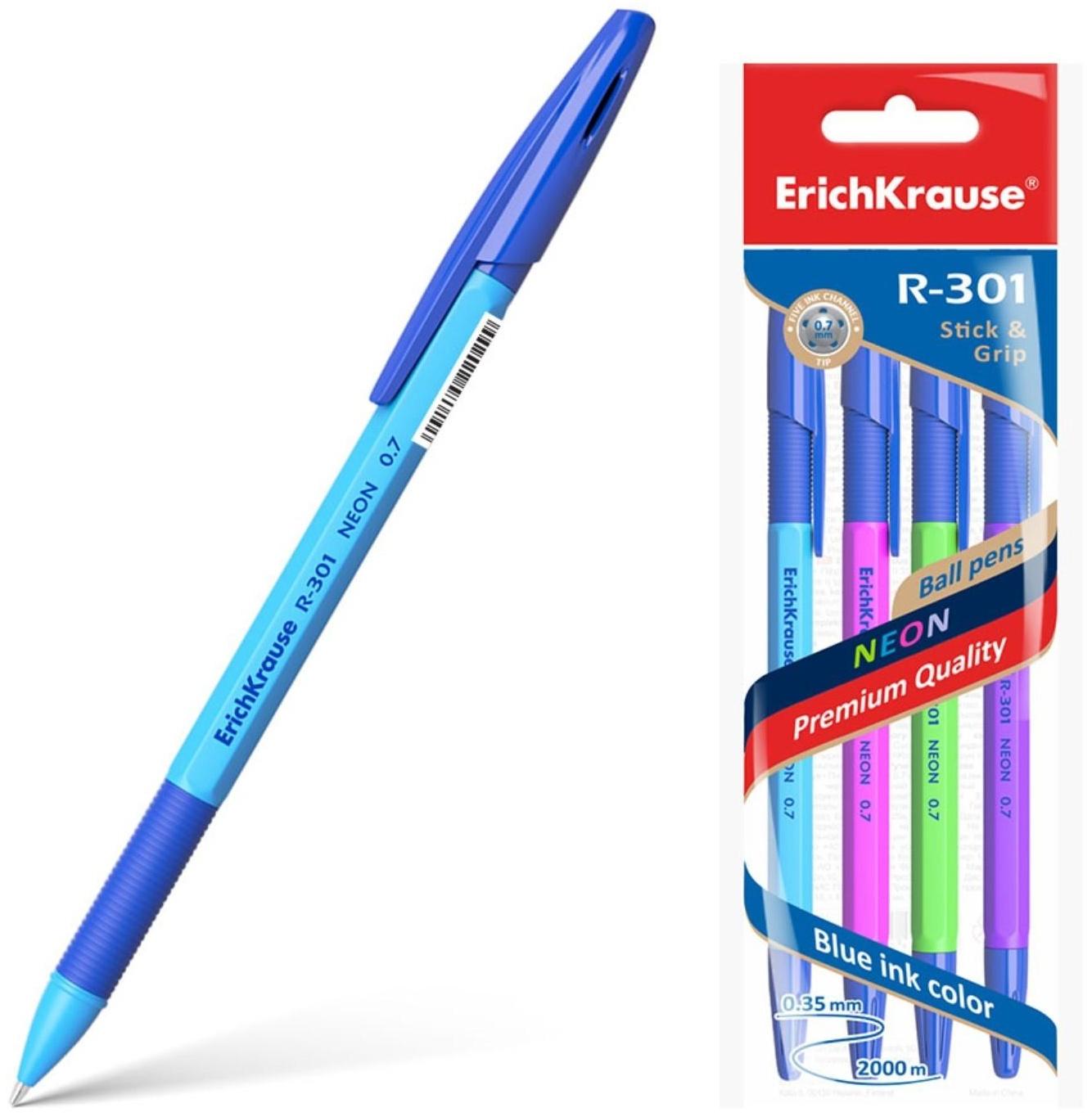 Набор ручек шариковых 4 штуки ErichKrause R-301 Neon Stick & Grip, узел 0.7 мм, чернила синие, резиновый упор, длина линии письма 1000 метров, европодвес