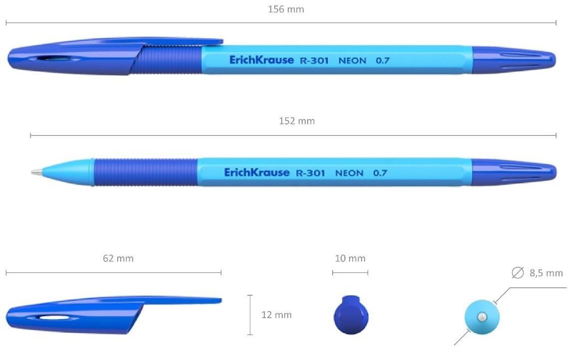 Набор ручек шариковых 4 штуки ErichKrause R-301 Neon Stick & Grip, узел 0.7 мм, чернила синие, резиновый упор, длина линии письма 1000 метров, европодвес