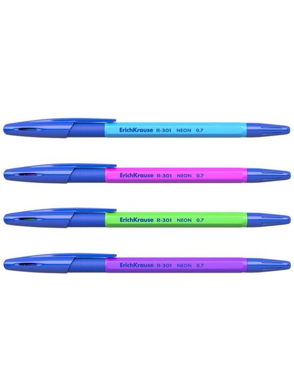 Набор ручек шариковых 4 штуки ErichKrause R-301 Neon Stick & Grip, узел 0.7 мм, чернила синие, резиновый упор, длина линии письма 1000 метров, европодвес