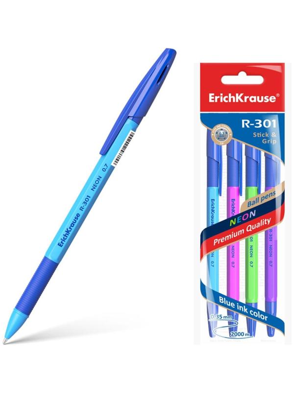 Набор ручек шариковых 4 штуки ErichKrause R-301 Neon Stick & Grip, узел 0.7 мм, чернила синие, резиновый упор, длина линии письма 1000 метров, европодвес