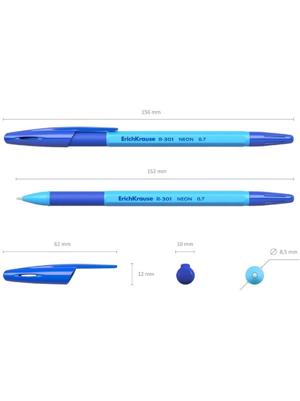 Набор ручек шариковых 4 штуки ErichKrause R-301 Neon Stick & Grip, узел 0.7 мм, чернила синие, резиновый упор, длина линии письма 1000 метров, европодвес