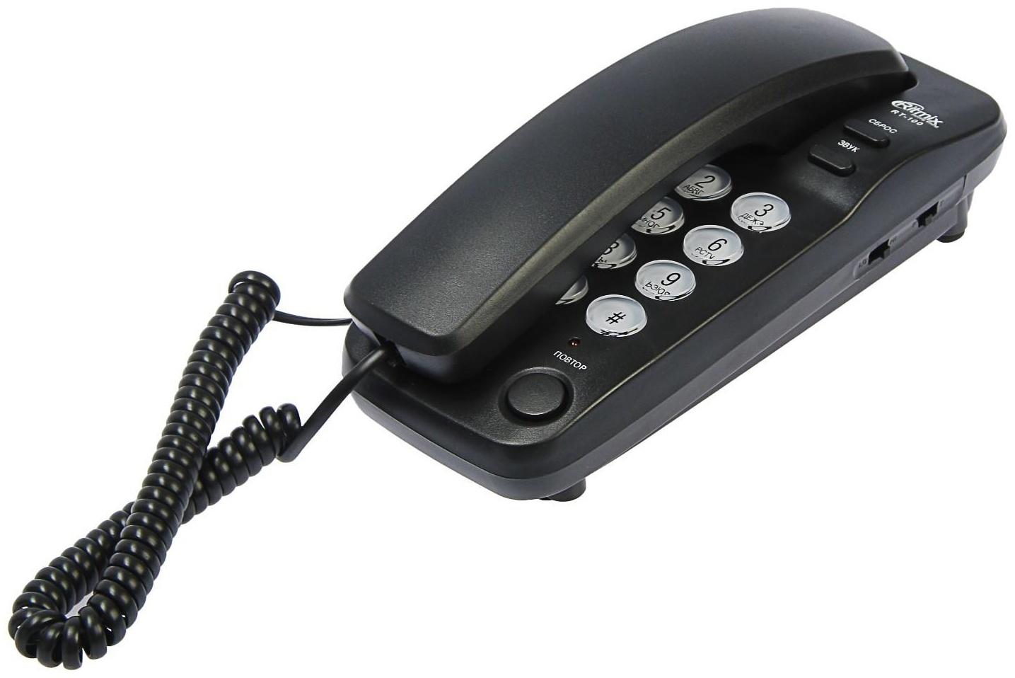 Проводной телефон Ritmix RT-100, настольно-настенный, Hi-Low, световой индикацией, черный