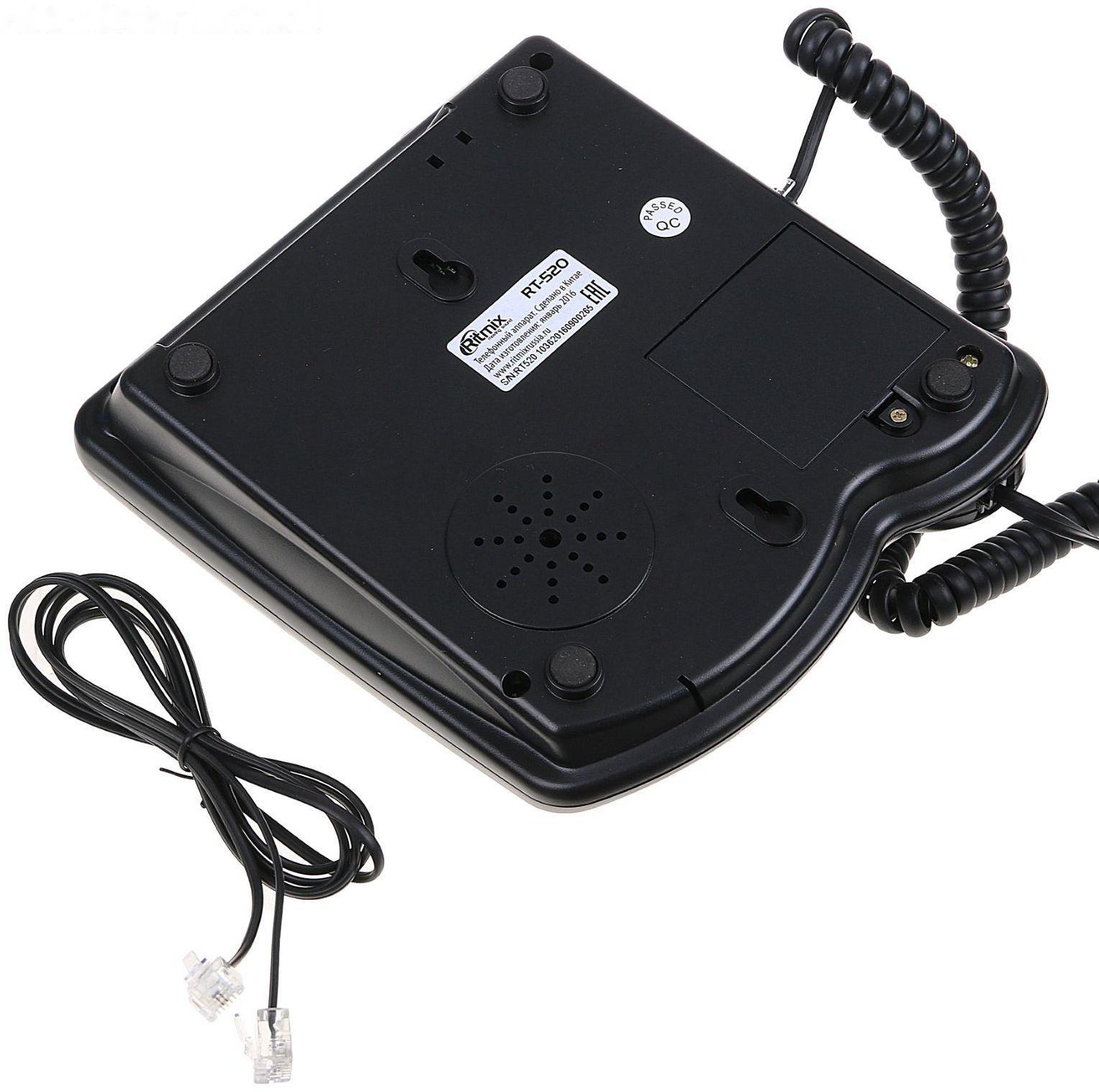 Проводной телефон Ritmix RT-520, световой индикатор, настольно-настенный, черный