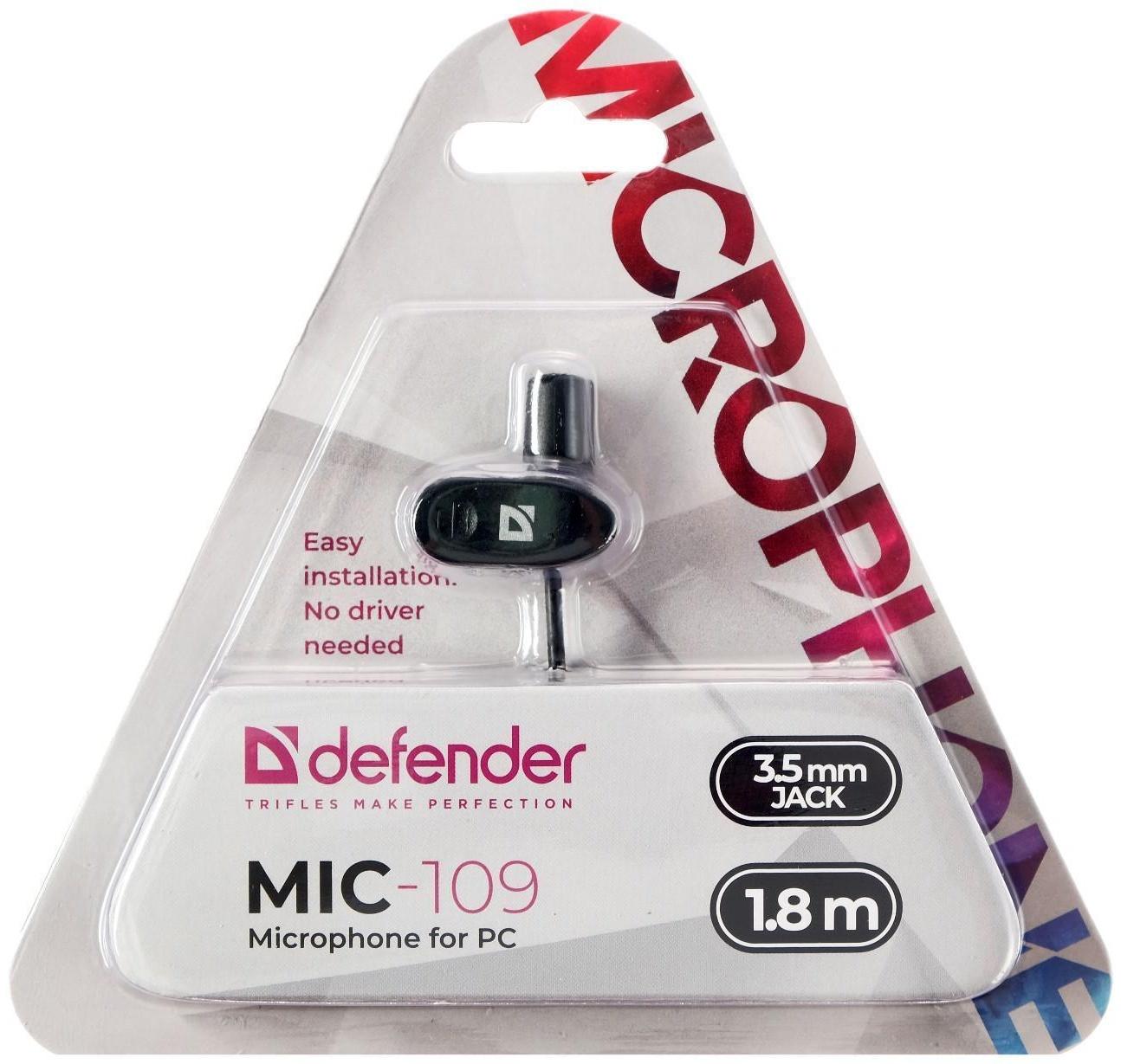 Микрофон Defender MIC-109, компьютерный, на прищепке, кабель 1.8 м, черный