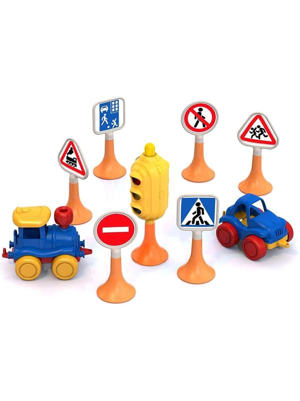 Набор «Дорожные знаки» №3 светофор, 6 знаков, 2 машинки
