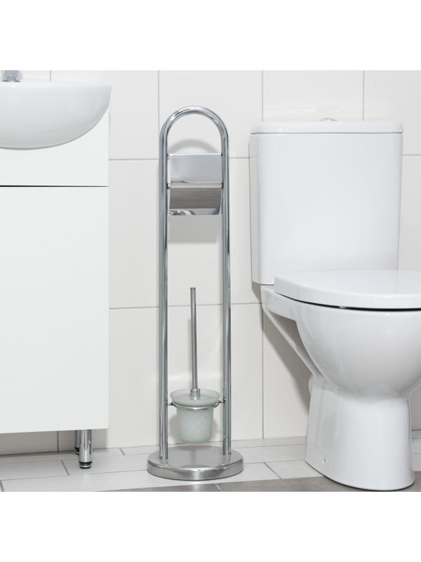 Ёршик для унитаза с подставкой напольный, 22×22×82 см, с держателем для туалетной бумаги, цвет хром