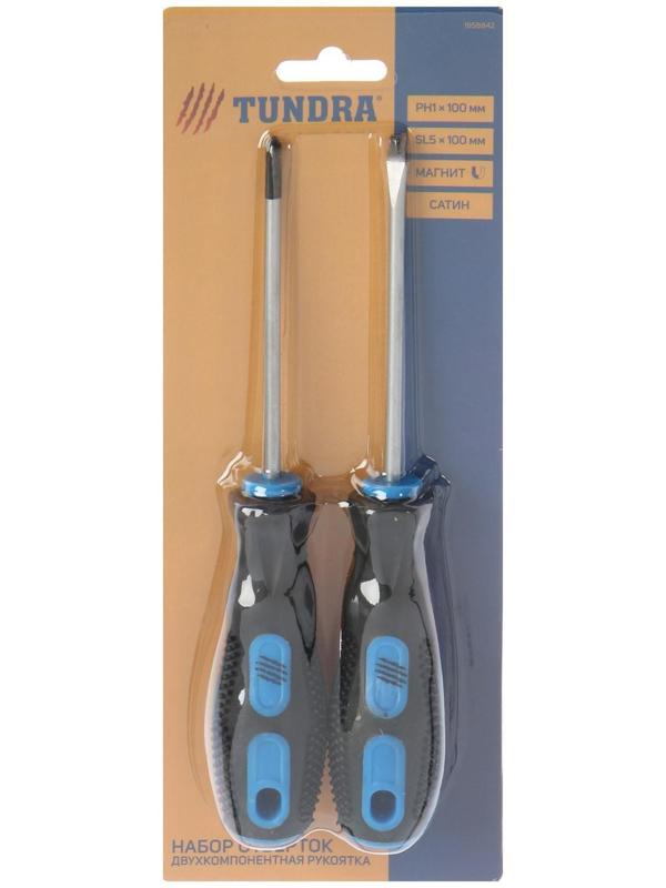 Набор отверток ТУНДРА, сатин, магнит, двухкомпонентные рукоятки, PH1 и SL5 х 100 мм, 2 шт.
