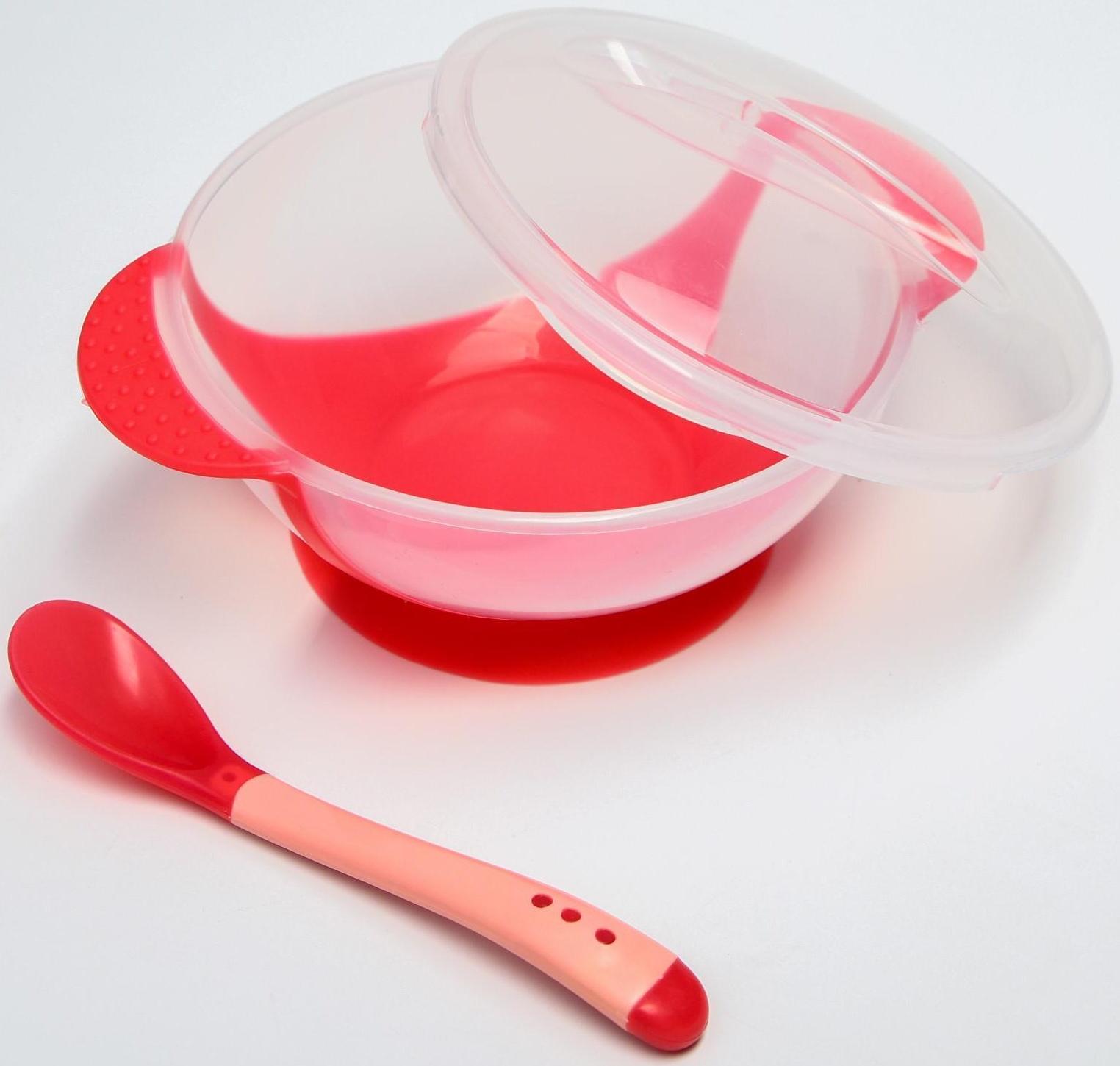 Набор для кормления, 3 предмета: миска 350 мл на присоске, крышка, термоложка, цвет красный