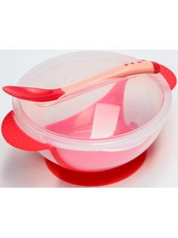 Набор для кормления, 3 предмета: миска 350 мл на присоске, крышка, термоложка, цвет красный