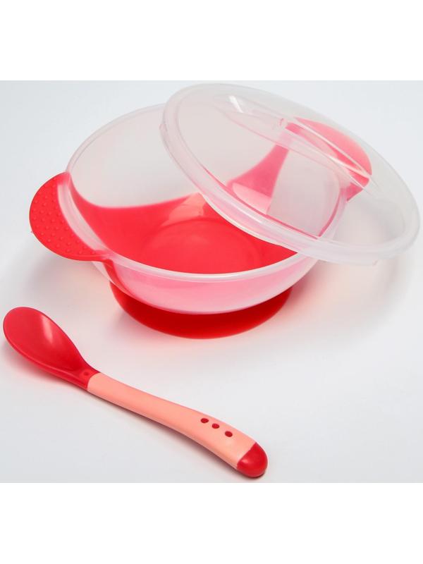 Набор для кормления, 3 предмета: миска 350 мл на присоске, крышка, термоложка, цвет красный