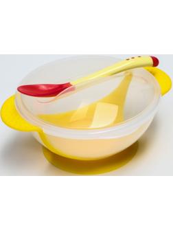 Набор для кормления, 3 предмета: миска 350 мл на присоске, крышка, термоложка, цвет жёлтый