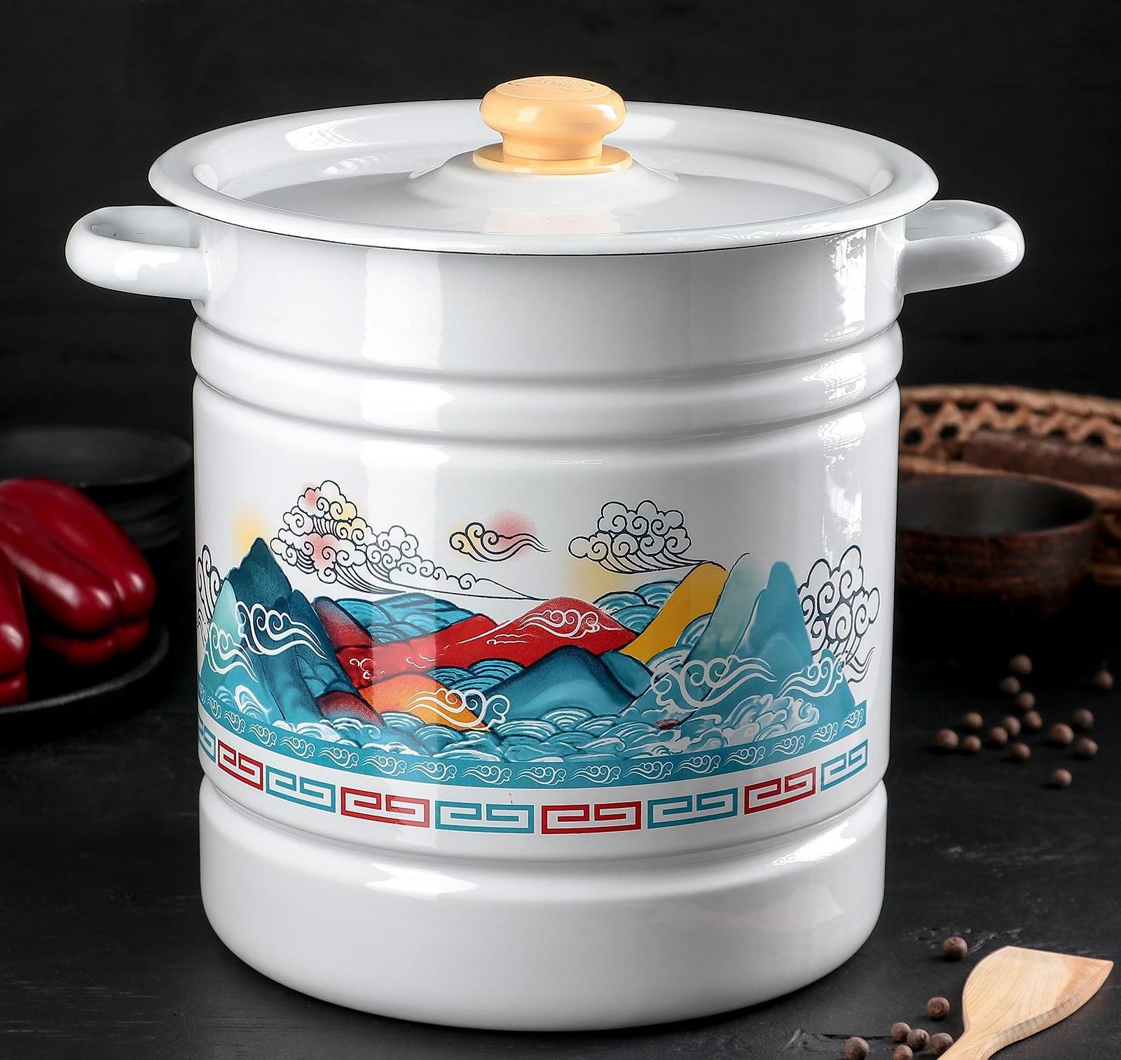 Позница-мантоварка, 12 л, 4 вставки, пластмассовая ручка, цвет белый, деколь МИКС