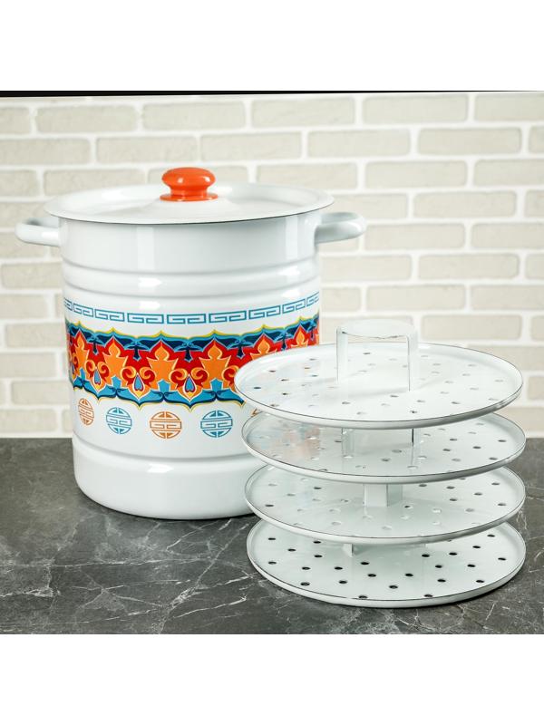 Позница-мантоварка, 12 л, 4 вставки, пластмассовая ручка, цвет белый, деколь МИКС