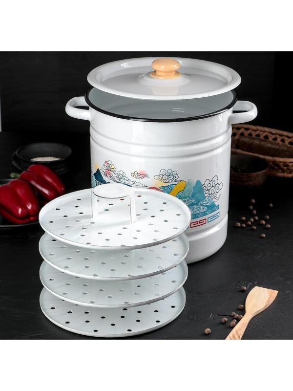 Позница-мантоварка, 12 л, 4 вставки, пластмассовая ручка, цвет белый, деколь МИКС