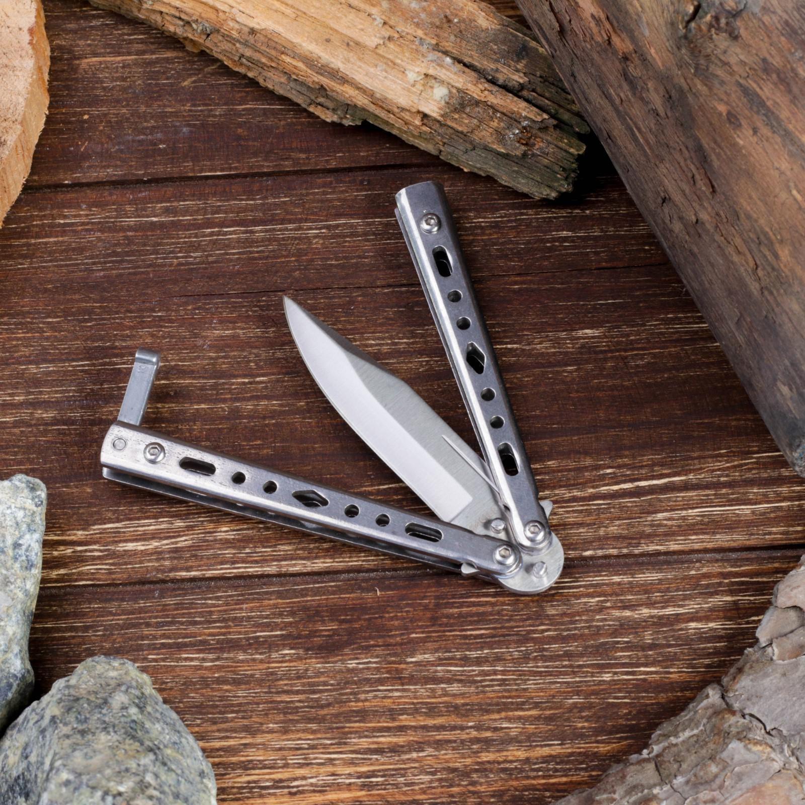 Нож-бабочка Мастер К, лезвие 7,5см, металлик, рукоять с отверстиями 9см,