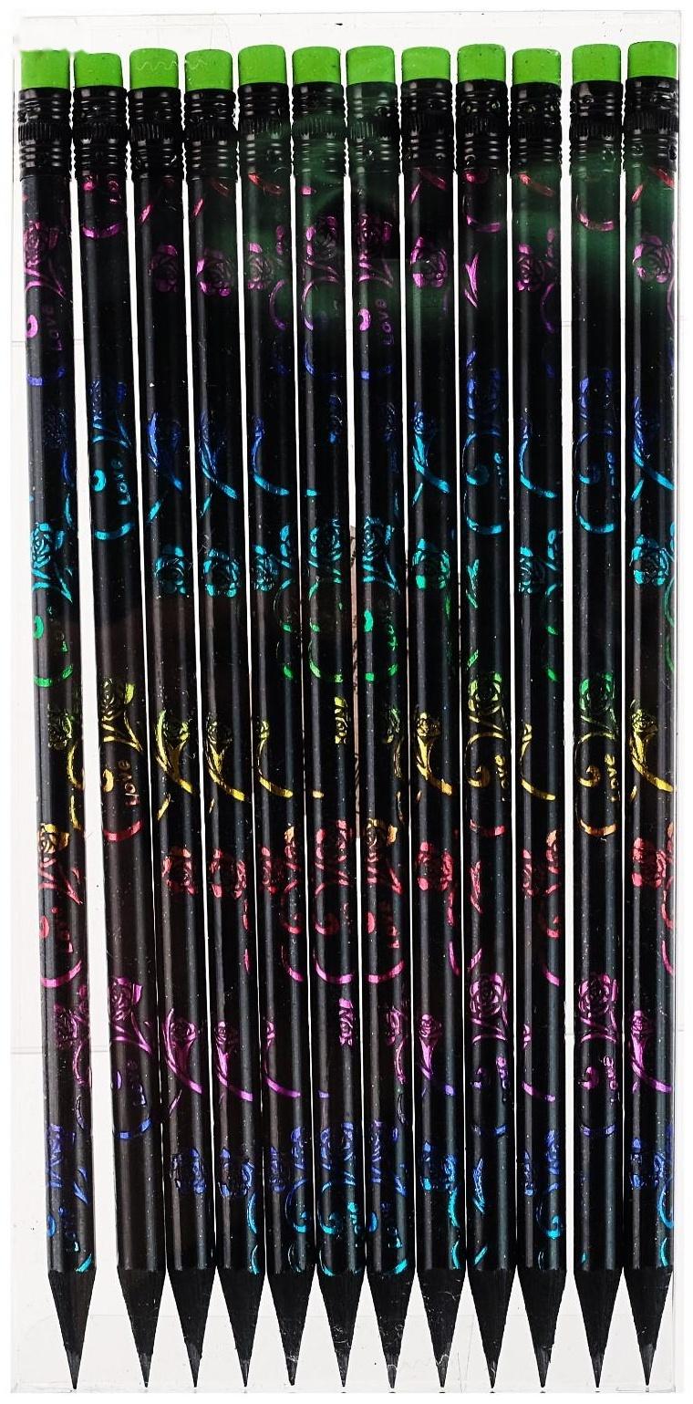 Карандаш чёрнографитный с ластиком, твёрдость НВ, корпус чёрный с цветным узором