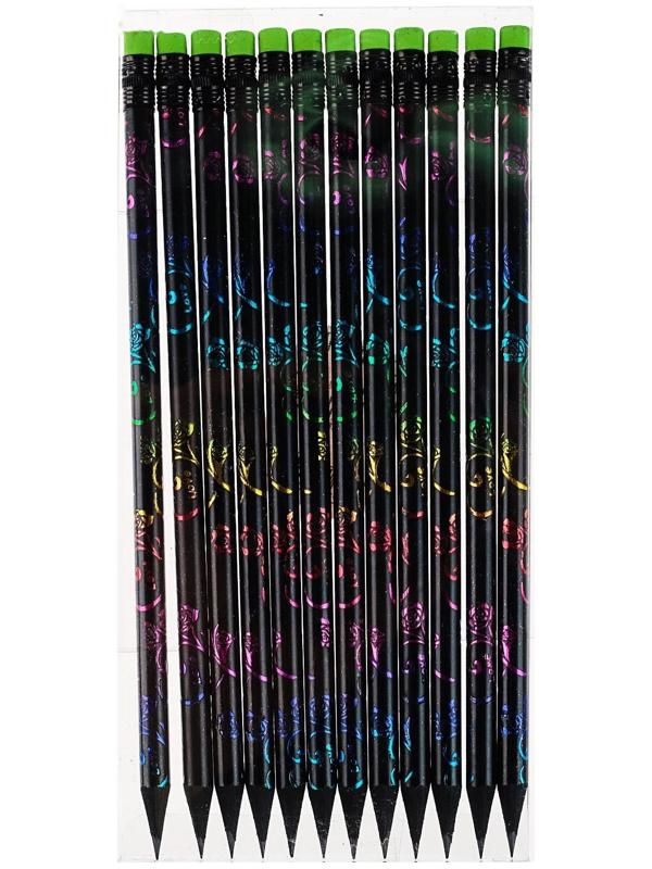 Карандаш чёрнографитный с ластиком, твёрдость НВ, корпус чёрный с цветным узором