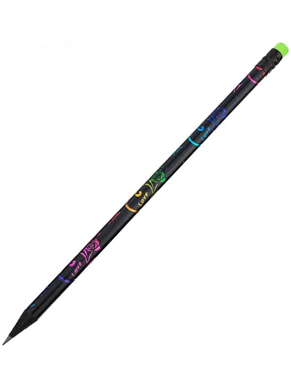 Карандаш чёрнографитный с ластиком, твёрдость НВ, корпус чёрный с цветным узором