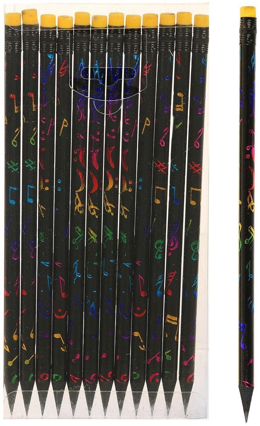 Карандаш чёрнографитный с ластиком, твёрдость НВ, корпус чёрный с рисунком