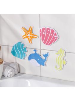 Набор мини-ковриков для ванны на присосках Доляна «Океан», 16×16 см, 5 шт, цвет МИКС