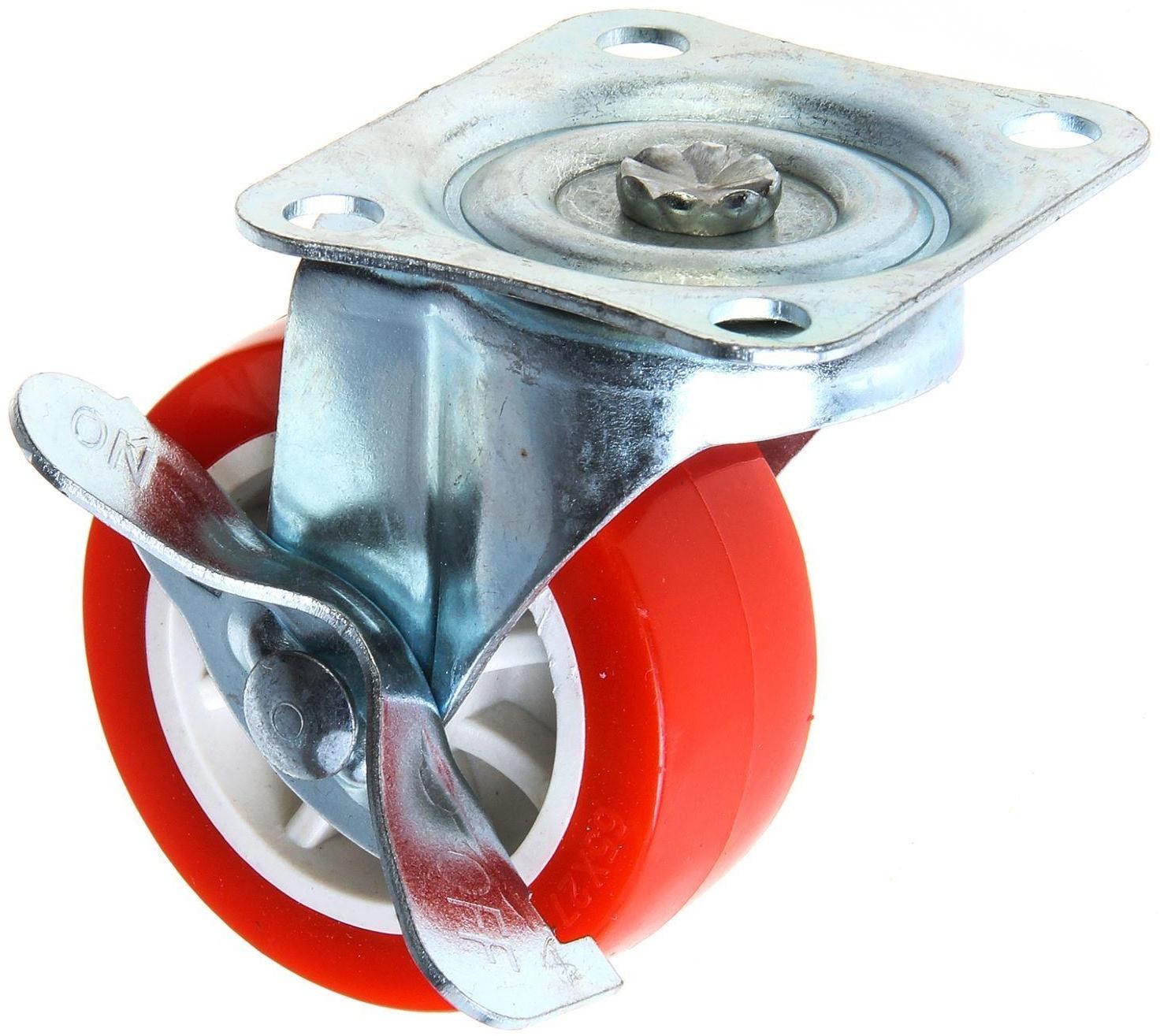 Колесо мебельное, d=65 мм, на площадке, с фиксатором, красное