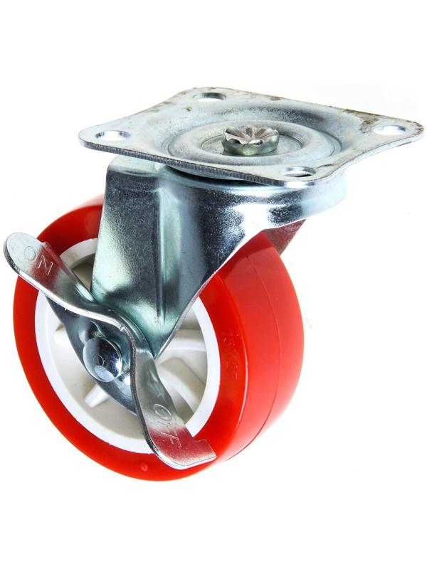 Колесо мебельное, d=75 мм, на площадке, с фиксатором, красное