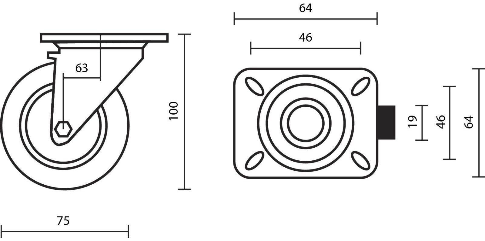Колесо мебельное, d=75 мм, на площадке