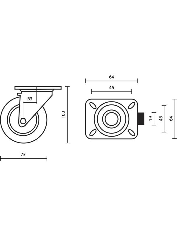 Колесо мебельное, d=75 мм, на площадке