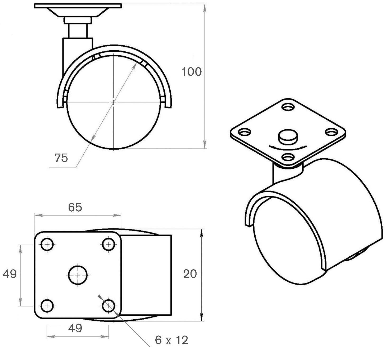 Колесо мебельное, d=75 мм, на площадке, с футоркой, с фиксатором, серое