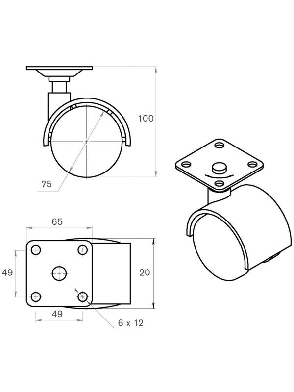 Колесо мебельное, d=75 мм, на площадке, с футоркой, с фиксатором, серое