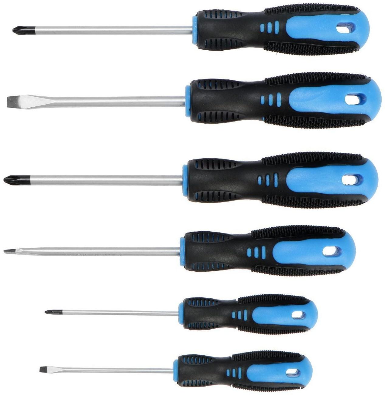 Набор отверток ТУНДРА, CrV, хром, 2К рукоятки, PH0,SL3х75 мм, PH1-2, SL5-6х100 мм, 6 шт.