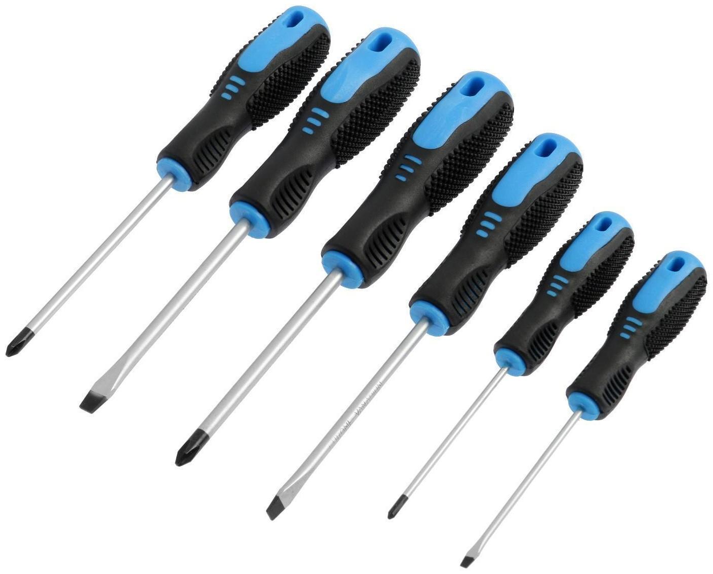 Набор отверток ТУНДРА, CrV, хром, 2К рукоятки, PH0,SL3х75 мм, PH1-2, SL5-6х100 мм, 6 шт.