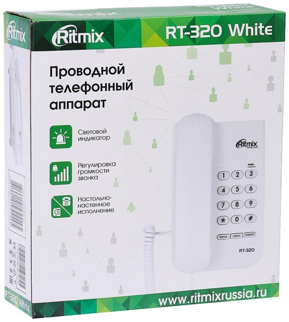Проводной телефон Ritmix RT-320, световой индикатор, настольно-настенный, белый