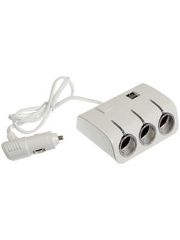 Разветвитель прикуривателя, 3 гнезда, 2 USB 1 А, 60 Вт, 12/24 В, подсветка, провод 70 см