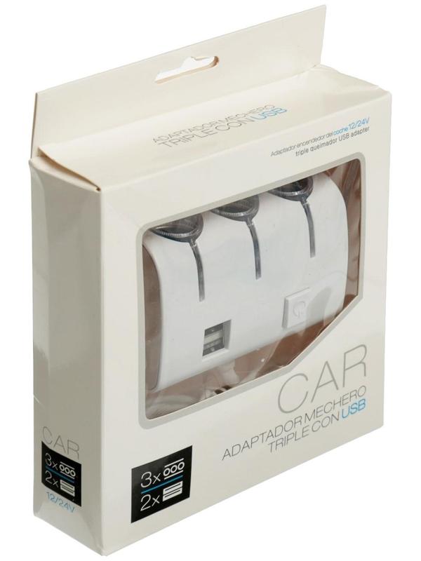 Разветвитель прикуривателя, 3 гнезда, 2 USB 1 А, 60 Вт, 12/24 В, подсветка, провод 70 см