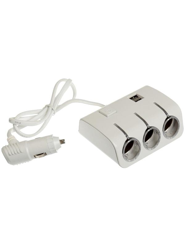 Разветвитель прикуривателя, 3 гнезда, 2 USB 1 А, 60 Вт, 12/24 В, подсветка, провод 70 см