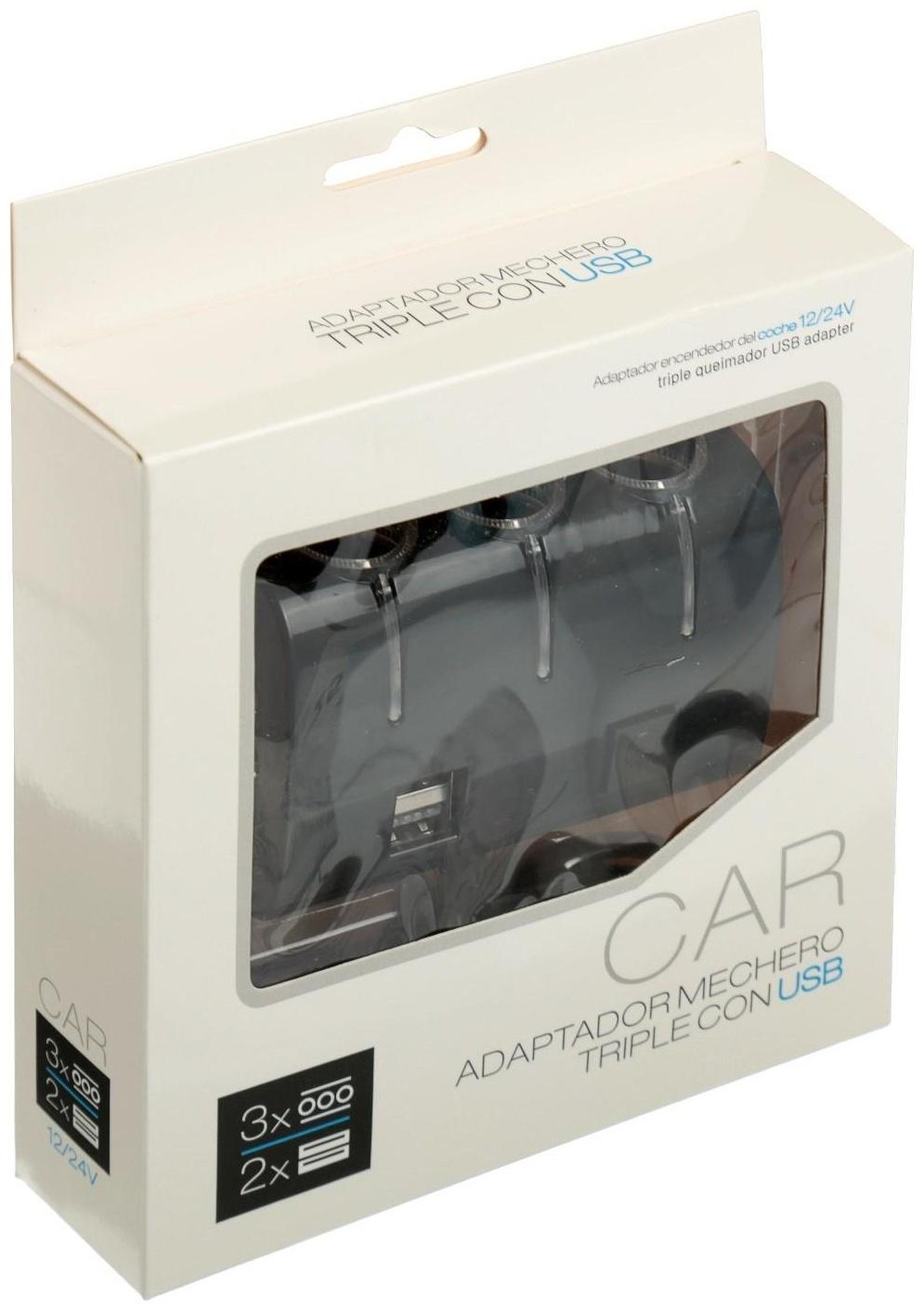 Разветвитель прикуривателя, 3 гнезда, 2 USB 1 А, 60 Вт, 12/24 В, подсветка, провод 70 см