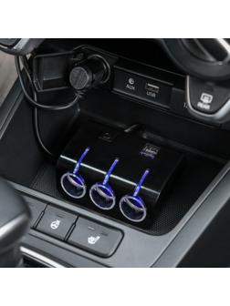 Разветвитель прикуривателя, 3 гнезда, 2 USB 1 А, 60 Вт, 12/24 В, подсветка, провод 70 см