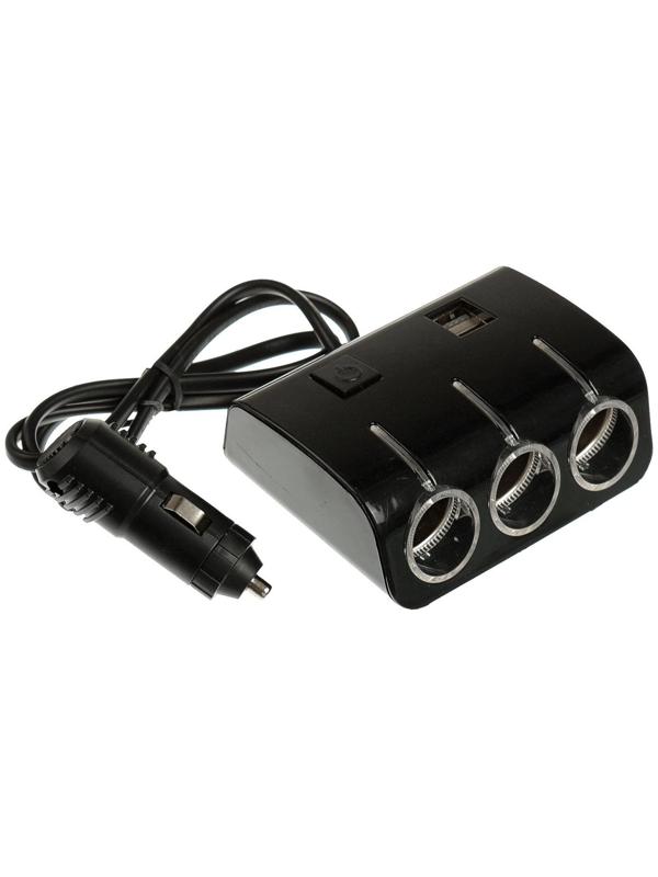 Разветвитель прикуривателя, 3 гнезда, 2 USB 1 А, 60 Вт, 12/24 В, подсветка, провод 70 см
