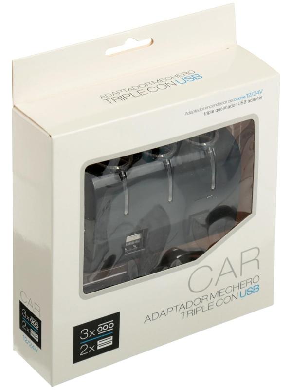 Разветвитель прикуривателя, 3 гнезда, 2 USB 1 А, 60 Вт, 12/24 В, подсветка, провод 70 см