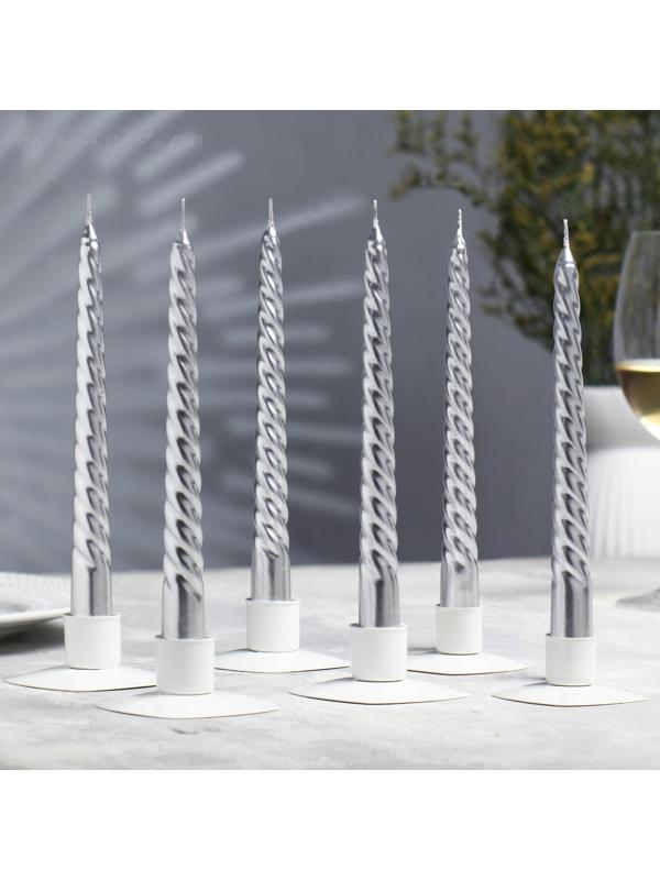 Набор Свечей витых, 1,9х 20 см, 6 штук, серебряный металлик
