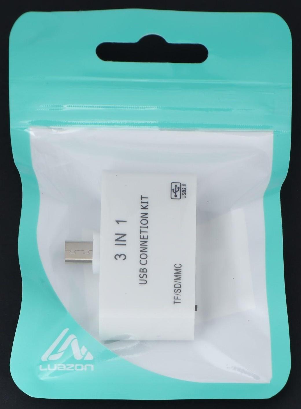 Картридер-OTG LuazON LNCR-100, адаптер microUSB, разъемы USB, microSD, SD, белый