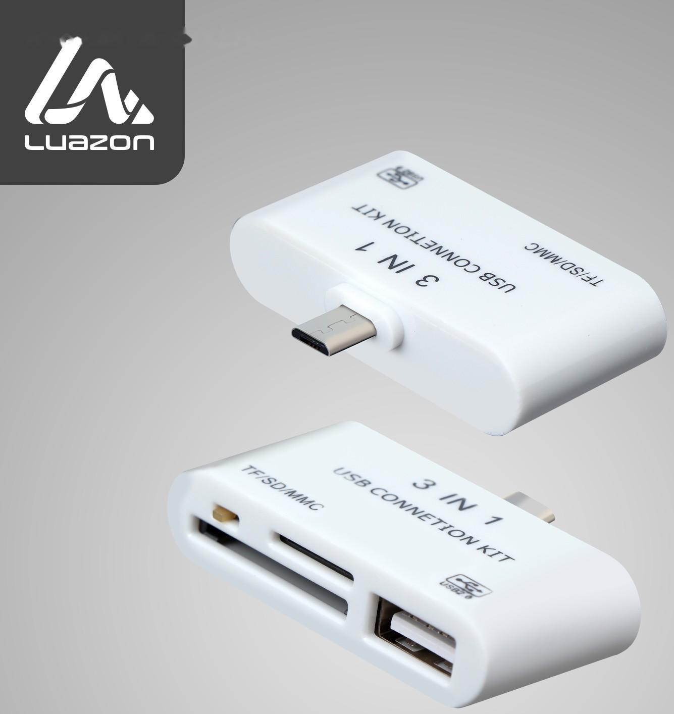 Картридер-OTG LuazON LNCR-100, адаптер microUSB, разъемы USB, microSD, SD, белый