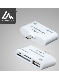 Картридер-OTG LuazON LNCR-100, адаптер microUSB, разъемы USB, microSD, SD, белый