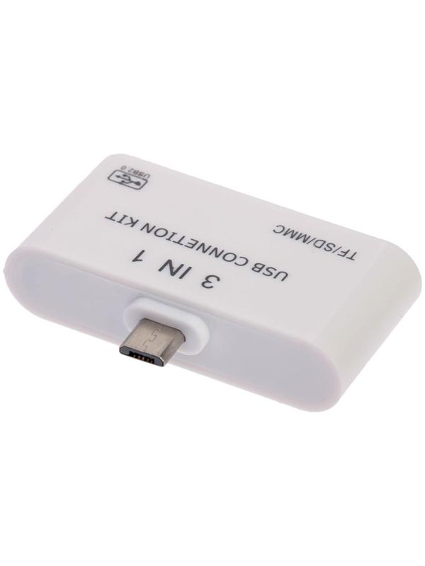 Картридер-OTG LuazON LNCR-100, адаптер microUSB, разъемы USB, microSD, SD, белый
